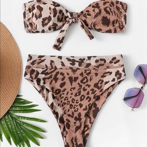 Leopard Tie Front Bandeau High Leg Bikini Set